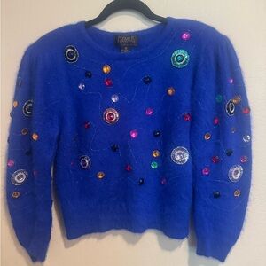 Premier Collection Retro 80’s Petites Royal Blue Beaded Fuzzy Crewneck Sweater